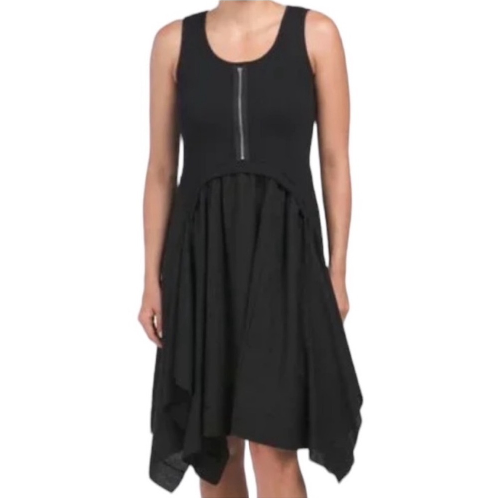 For Cynthia Linen Front Zip Handkerchief Hem Dress in Black